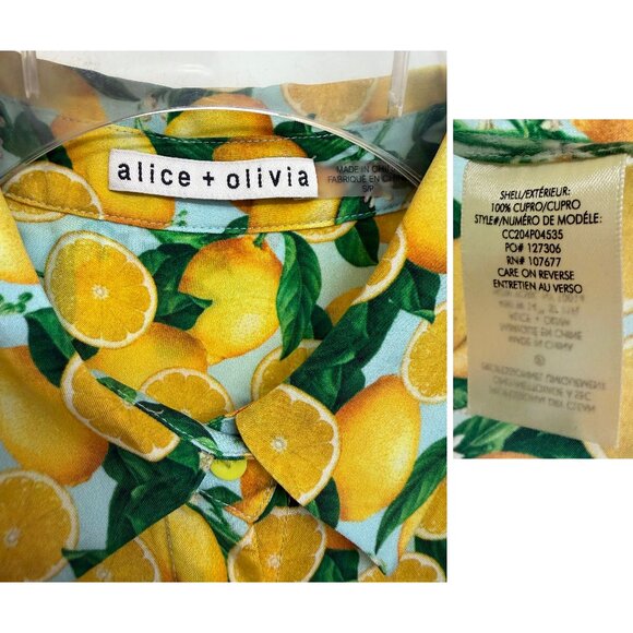 Alice + Olivia Jem Mini Shirt Dress Lemon Squeeze Print Floral Fruit Blue S - Picture 3 of 16